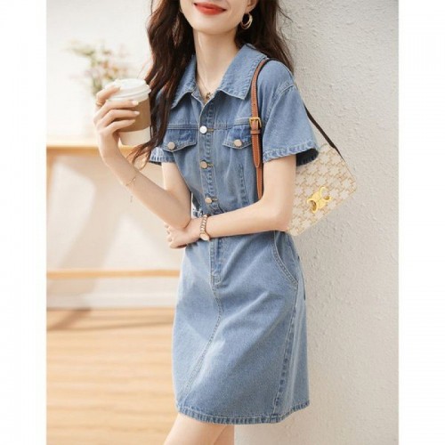 2024夏季新款韩版口袋纽扣设计感收腰显瘦时尚休闲牛仔连衣裙子潮