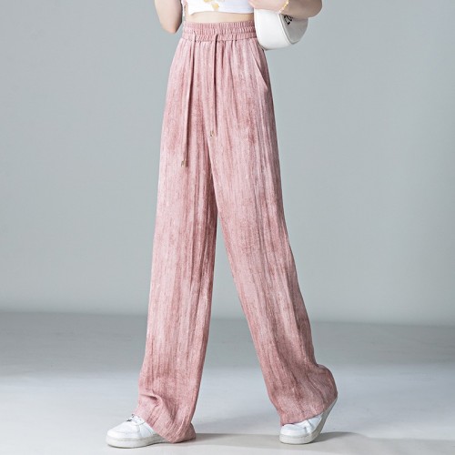 亚麻粉色晕染休闲裤女松紧腰2024新款夏季薄款宽松窄版阔 腿长裤子粉色粉色