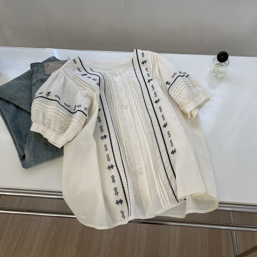 被时髦精问到爆！法式复古刺绣短袖衬衫女宽松圆领纯棉上衣潮